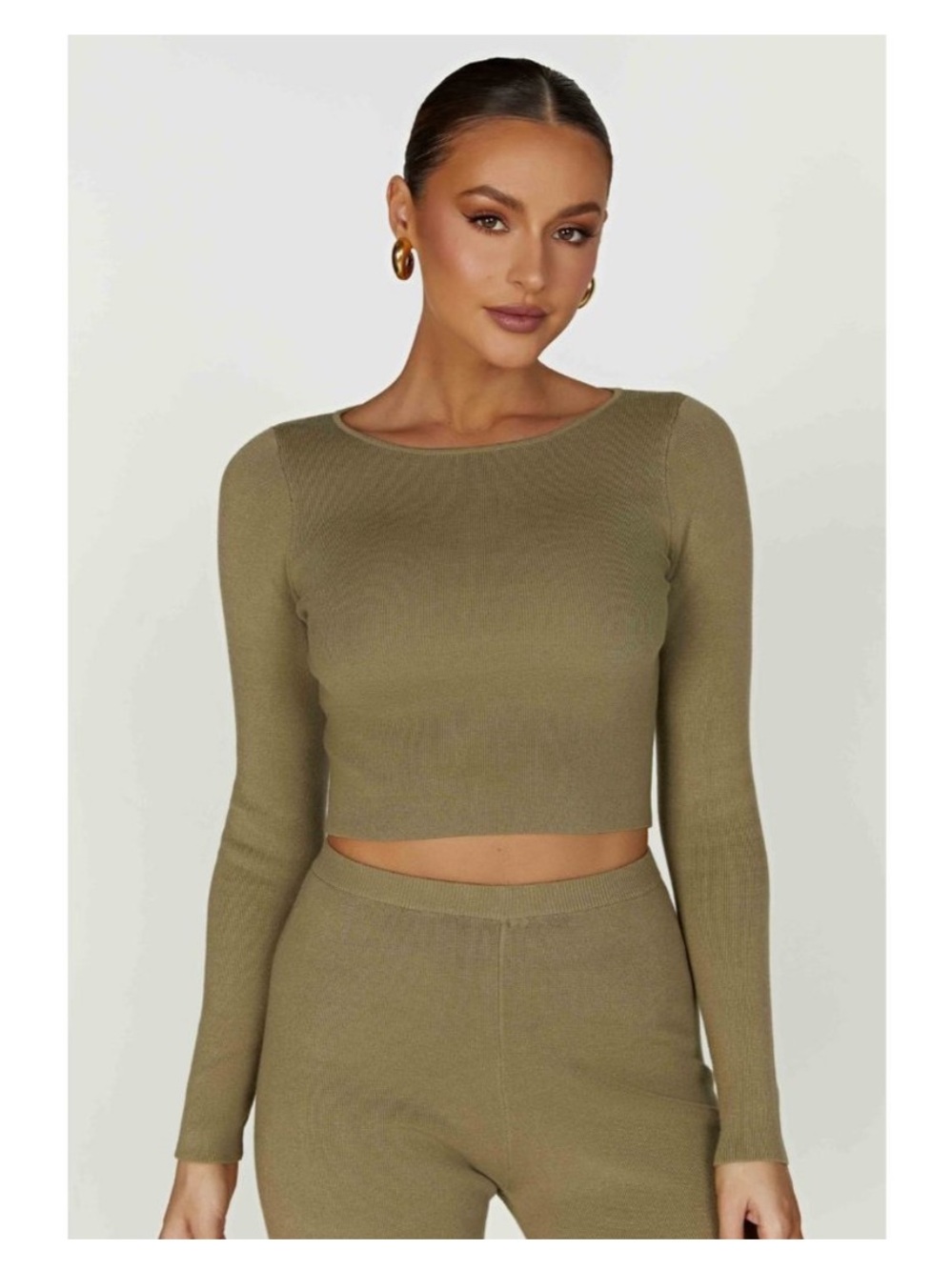Meshki Haisley Cropped Long Sleeve Knit Top in Olive Green Size M